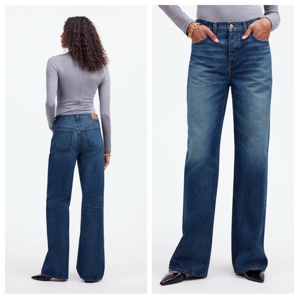 Madewell Low-Slung Baggy Jeans Moffat Wash Cotton Denim Wide Leg Dark Wash